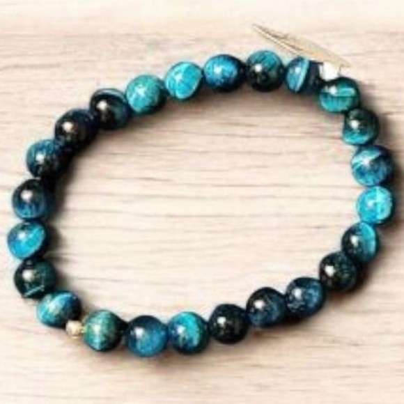 Genuine Blue Ocean Tiger Eye Beaded Bracelet 7" - Picture 2 of 3